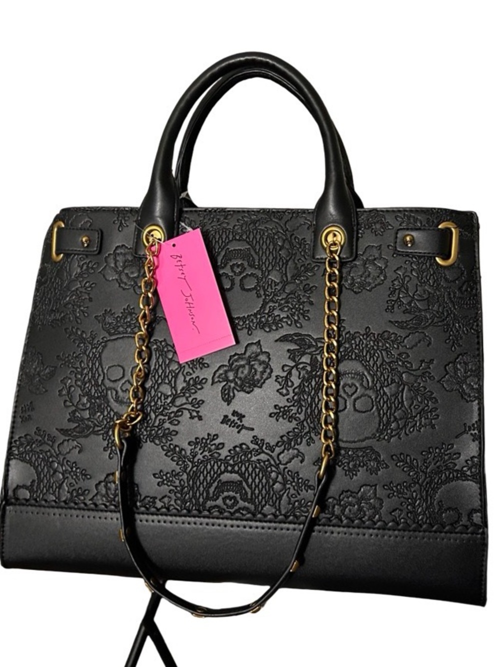 Black Embossed Leather Tote with Gold Chain Handles